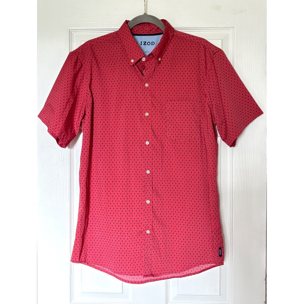 IZOD Mens Red Anchor Print Short Sleeve Button Down Shirt Large Nautical